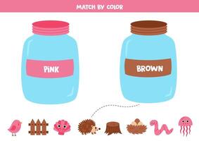 Color Matching game for kids. Learning basic colors. Sort objects by color. Pink or brown. vector