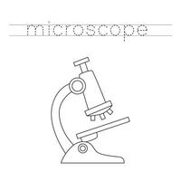 Trace the letters and color cartoon microscope. Handwriting practice for kids. vector