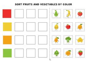 Sort fruits and vegetables by color. Basic colors for kids. Game for kids. Cut and glue. vector