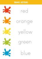 Tracing names of colors with paint blobs. Writing practice. vector