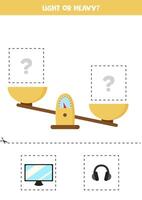 Light, heavy or equal. Cut pictures below and glue to the right box. vector