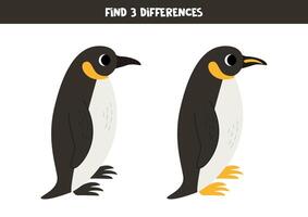 Find 3 differences between two cute cartoon emperor penguins. vector