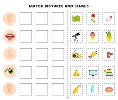 Match of sense organs and objects. Educational worksheet for kids. vector