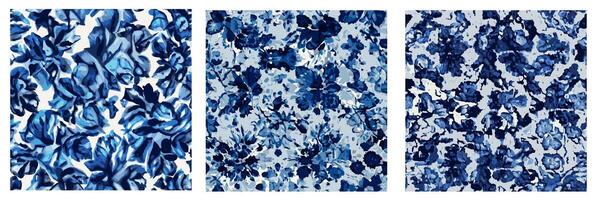 Vector set of three seamless floral patterns. Blue and white colors