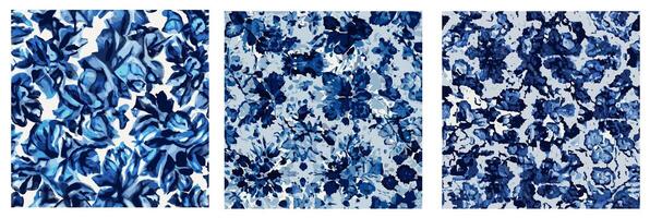 Vector set of three seamless floral patterns. Blue and white colors