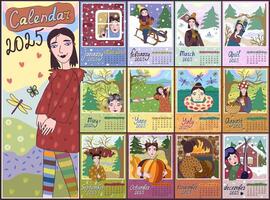 Calendar 2025. Colorful monthly calendar. Cover and 12 monthly pages. Week starts on Sunday, vector illustration