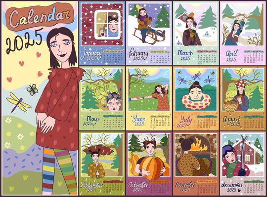 Calendar 2025. Colorful monthly calendar. Cover and 12 monthly pages. Week starts on Sunday, vector illustration
