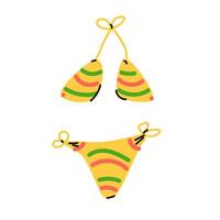 Summer yellow bikini wear vector icon with red, green stripes.