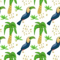 Summer tropical bird toucan and palm seamless pattern vector