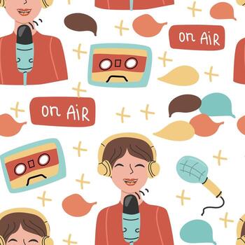 Podcast seamless pattern background with audio elements isolated vector