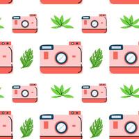 Summer pattern with camera and tropical leaves vector