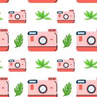 Summer pattern with camera and tropical leaves vector