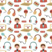 Podcast seamless pattern background with audio video elements isolated vector