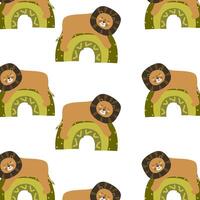 pattern with cute lions on rainbow childish vector