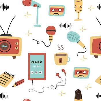 Podcast seamless pattern background with audio elements isolated vector