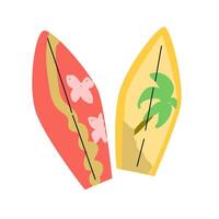 conjunto de vector tabla de surf en tropical diseño con palmera, trópico flor.