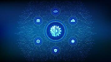 Machine learning. AI Artificial Intelligence. Deep learning. Data mining, Big Data, algorithm, neural network. Background with circuit board connections and tech icons. Vector Illustration.