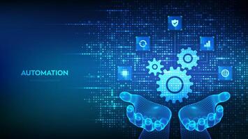 Automation Software. Gears icon made with binary code in hands. IOT and Automation icons connections. Digital binary data and streaming digital code. Background with digits 1.0. Vector Illustration.