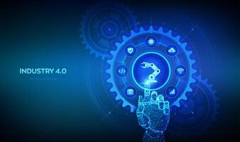 Smart Industry 4.0 concept. Factory automation. Autonomous industrial technology. Industrial revolutions steps. Wireframe hand touching digital interface with connected gears cogs and icons. Vector. vector