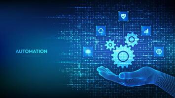 Automation Software. Gears icon made with binary code in hand. IOT and Automation icons connections. Digital binary data and streaming digital code. Background with digits 1.0. Vector Illustration.