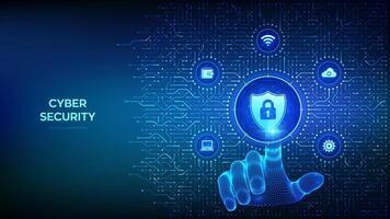 Security shield. Cyber security. Shield with Lock with keyhole. Cyber data protection. Background with circuit board connections and tech icons. Wireframe hand pressing button. Vector Illustration.