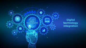 Digital transformation concept. Digitization of business processes and modern technology. Disruption, innovation. Hand touching digital interface with connected gears cogs, icons. Vector illustration.