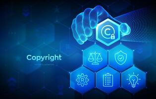 Copyright. Patents and intellectual property protection law and rights. Protect business ideas concept. Wireframe hand places an element into a composition visualizing Copyright. Vector illustration.