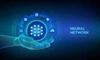 Neural network icon in wireframe hand. AI. Artificial Intelligence. Machine Learning. Deep learning. Big data analysis technology concept. Vector illustration.