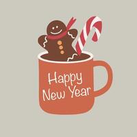 Cup of hot chocolate, cocoa or coffee, and gingerbread man, candy. Christmas and Happy New Year poster design. Good for greeting cards, menu. Hand drawn vector illustration