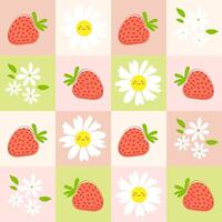 Seamless pattern with red strawberry fruits and flower blooming. Springtime fabric print template. Kitchen tablecloth design. vector