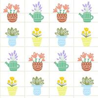 Doodle seamless pattern with houseplant flowers. Simple hand drawn square tile design. Gardening fabric print template. vector