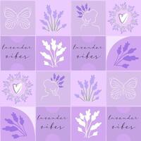 Doodle seamless pattern with violet lavender flowers. Simple hand drawn kitchen tablecloth square tile design. Gardening fabric print template. vector