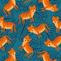 Animal cartoon seamless pattern with tiger. Colorful vector wild cat illustration. Simple animal safari print isolated on white background.