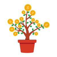 Tree with golden coin flower in pot icon. vector