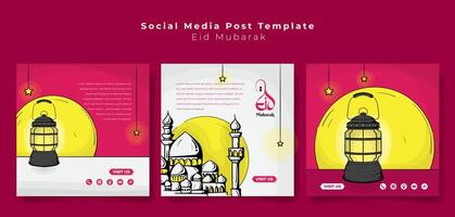 Set of social media post template with illustration of lantern and mosque in line art design. Islamic background for eid or ramadan social media post template in pink design vector