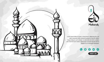 Islamic Vector Illustration with the moon is visible above the mosque in line art for eid mubarak or ramadan kareem design. Line art of mosque with the moon design.