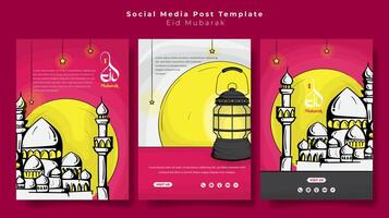 Set of portrait social media post template in pink background with lantern and mosque in line art design. Portrait islamic background for eid mubarak or ramadan kareem design vector