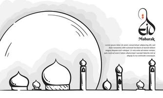 Islamic background design with the moon is visible above the mosque in black and white line art design. Black white islamic background with illustration of moon and mosque vector