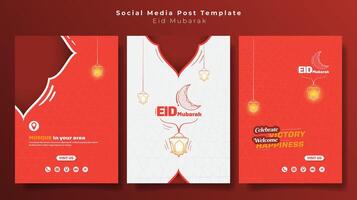 Set of portrait social media post template with simple line art of lantern and moon in orange and white design. Orange islamic background in portrait design vector