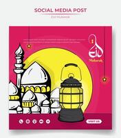 Social media post template for eid mubarak or ramadan kareem in square pink background with mosque and lantern design. Islamic background in pink design vector