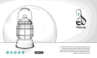 Black and white islamic background with line art illustration of lantern and moon design for eid mubarak or ramadan kareem. Black white islamic background vector