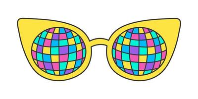 Neon groovy sunglasses on a white background, vintage hippie accessory. Cat eye frame, disco ball pattern on glass. Retro sticker, nostalgic vector doodle element in 70s style.