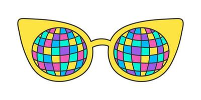 Neon groovy sunglasses on a white background, vintage hippie accessory. Cat eye frame, disco ball pattern on glass. Retro sticker, nostalgic vector doodle element in 70s style.