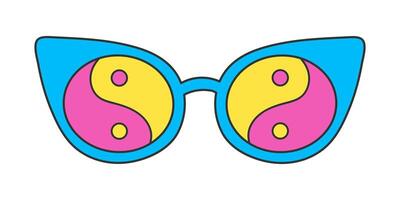 Neon groovy sunglasses on a white background, vintage hippie accessory. Cat eye frame, yin yang pattern on the glass. Retro sticker, nostalgic vector doodle element in 70s style.