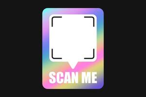 Neon vector frame QR code, scan me phone label template. Qr code mockup, Y2K holographic rainbow smartphone identifier icon with barcode on dark background.