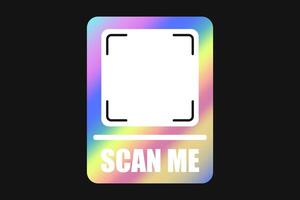 Neon multicolored vector QR code frame, scan me phone tag template. Qr code mockup, Y2K holographic rainbow smartphone identifier icon with barcode on dark background.