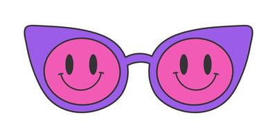 Neon groovy sunglasses on a white background, vintage hippie accessory. Cat eye frame, smile pattern on the glass. Retro sticker, nostalgic vector element in 70s style.
