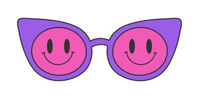 Neon groovy sunglasses on a white background, vintage hippie accessory. Cat eye frame, smile pattern on the glass. Retro sticker, nostalgic vector element in 70s style.