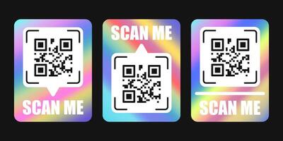 Set of vector QR code frames, scan me phone tag template. Qr code mockup, Y2K holographic rainbow smartphone identifier icon with barcode on dark background.