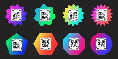 Set of geometric textured vector QR code element, scan me phone tag template. Qr code sticker mockup, Y2K neon rainbow gradient barcode icon on dark background.